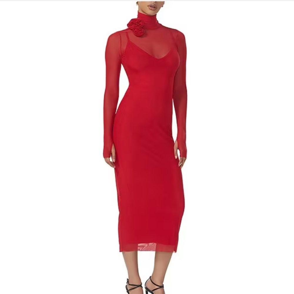 Shailene Power Mesh Turtleneck Rosette Long Sleeve Bodycon Midi Dress